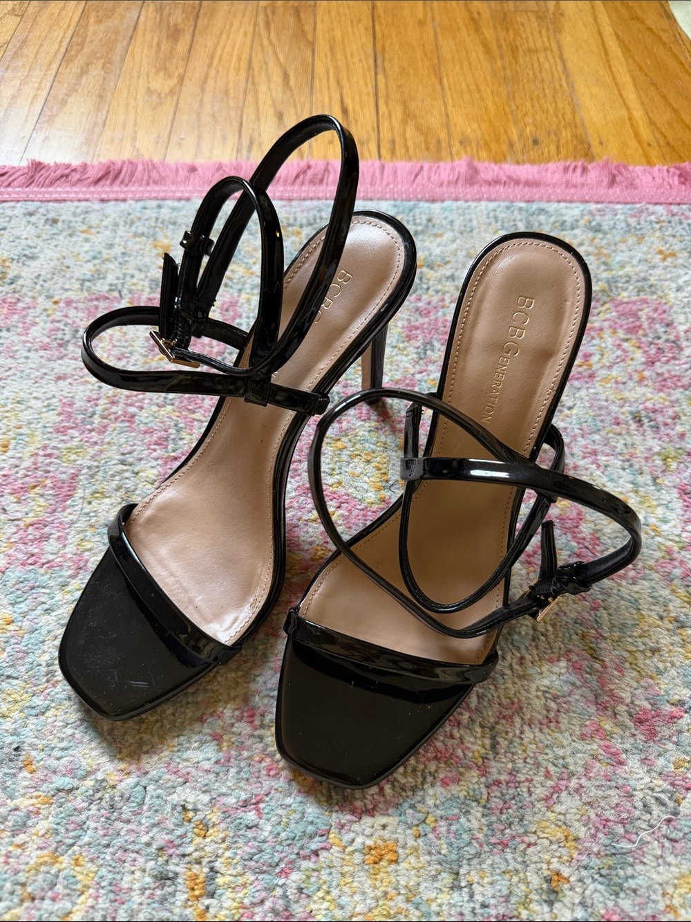 BCBGeneration Black Patent Strappy Stiletto Sandals